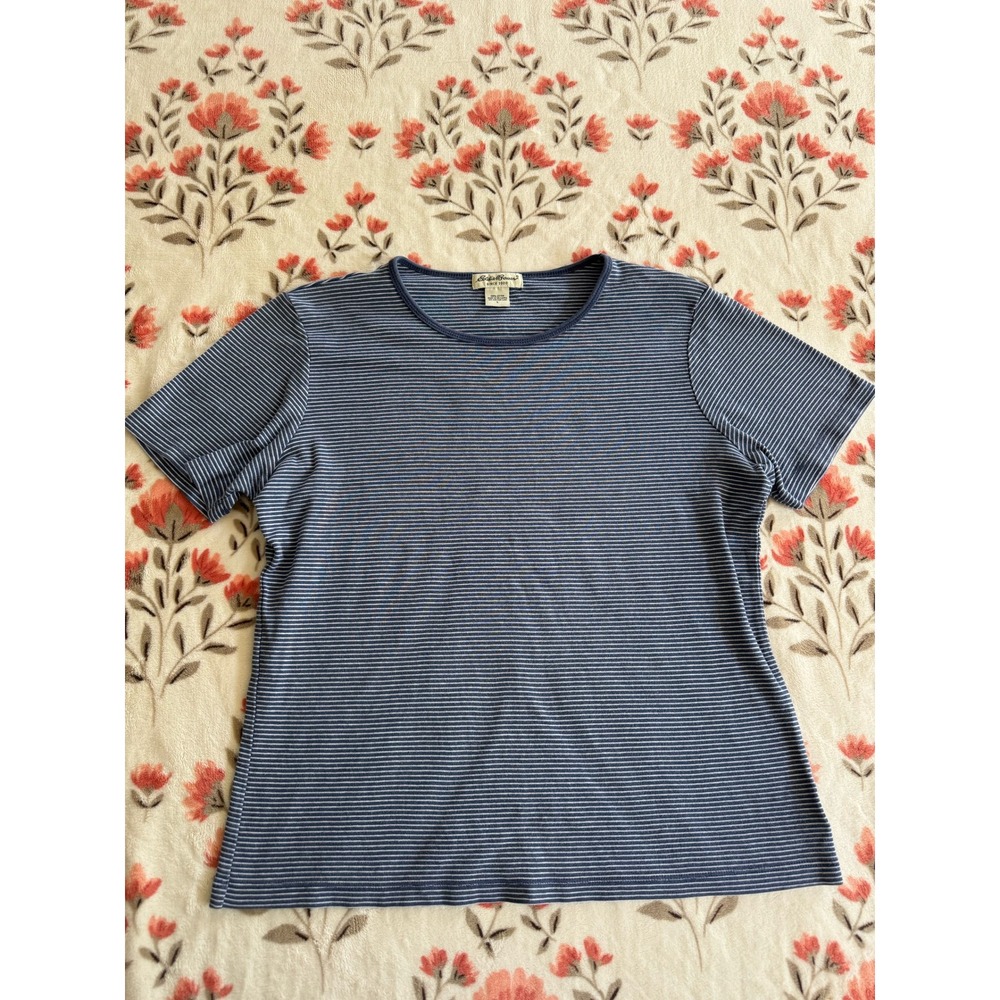 Eddie Bauer Womens Blue White Striped Cotton Short Sleeve T-Shirt Size L